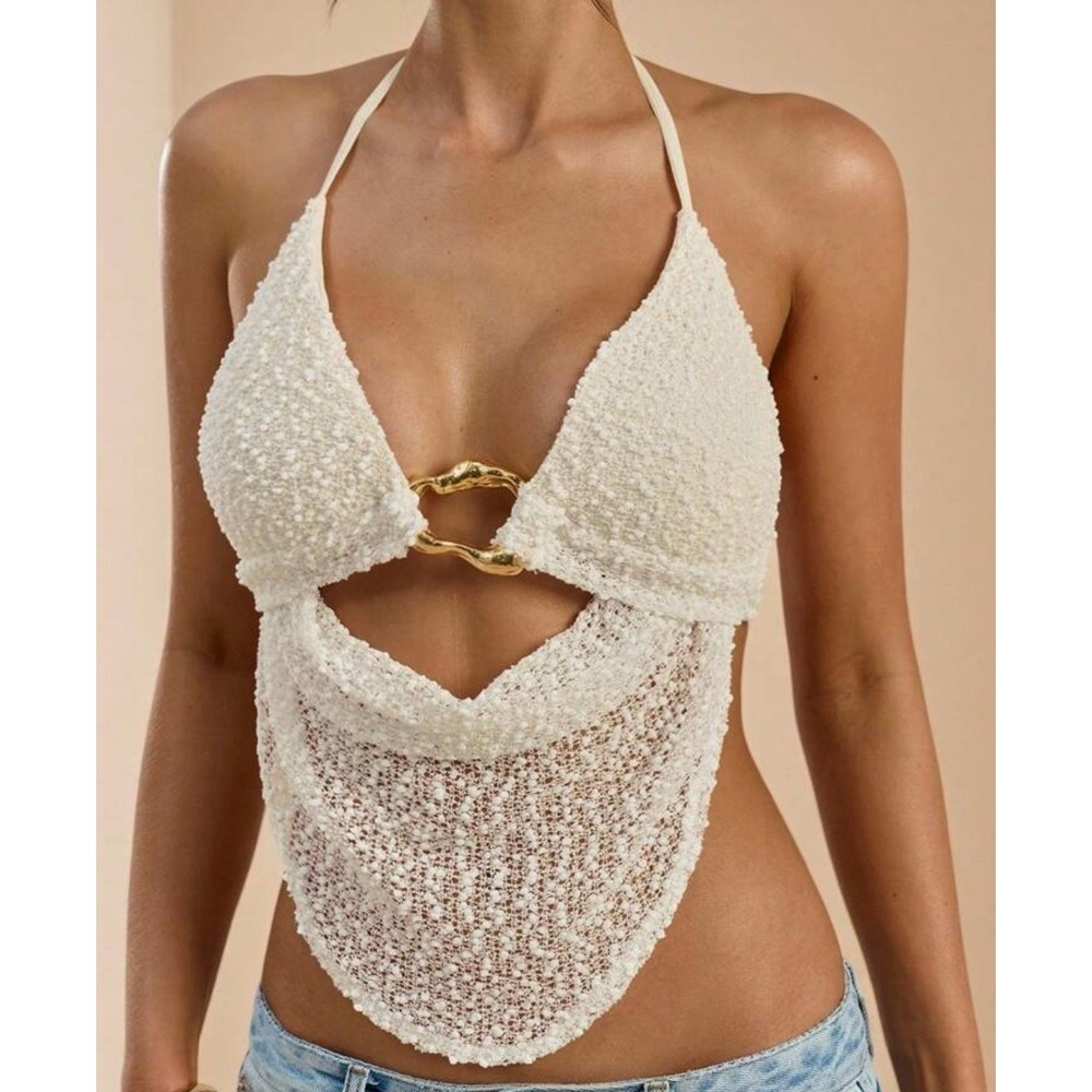 SHEIN BAE Cream Crochet Halter Top Gold Ring Detail Mesh Crop Top NWT Size M